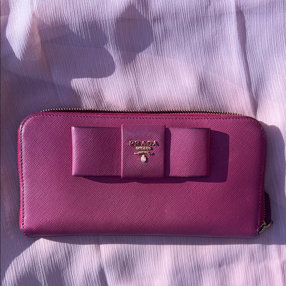 Prada Pink Fuchsia Bow Saffiano Leather  Zippy Wallet